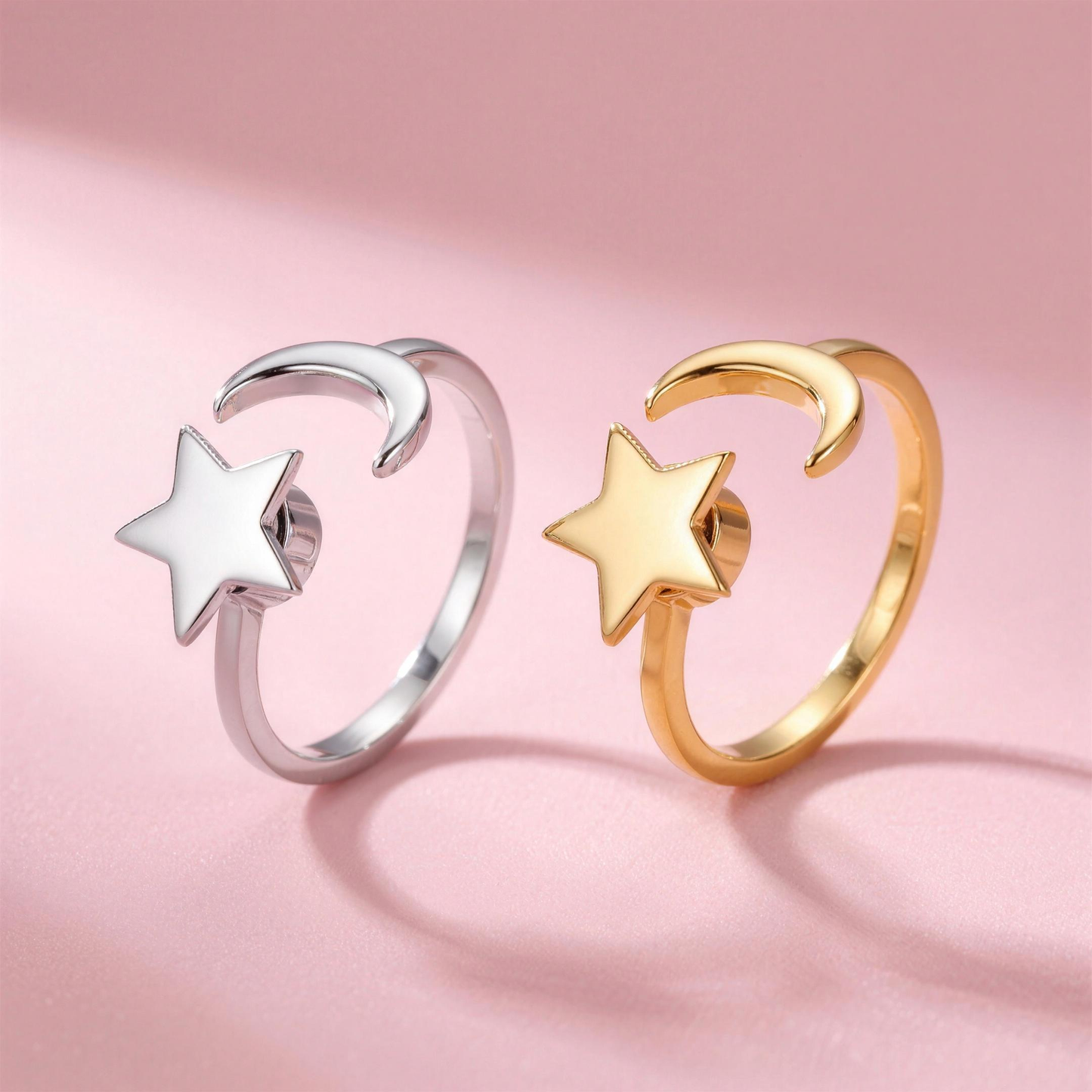 Moon Star Anti-Stress Ringe in Gold und Silber – Detailansicht liegend