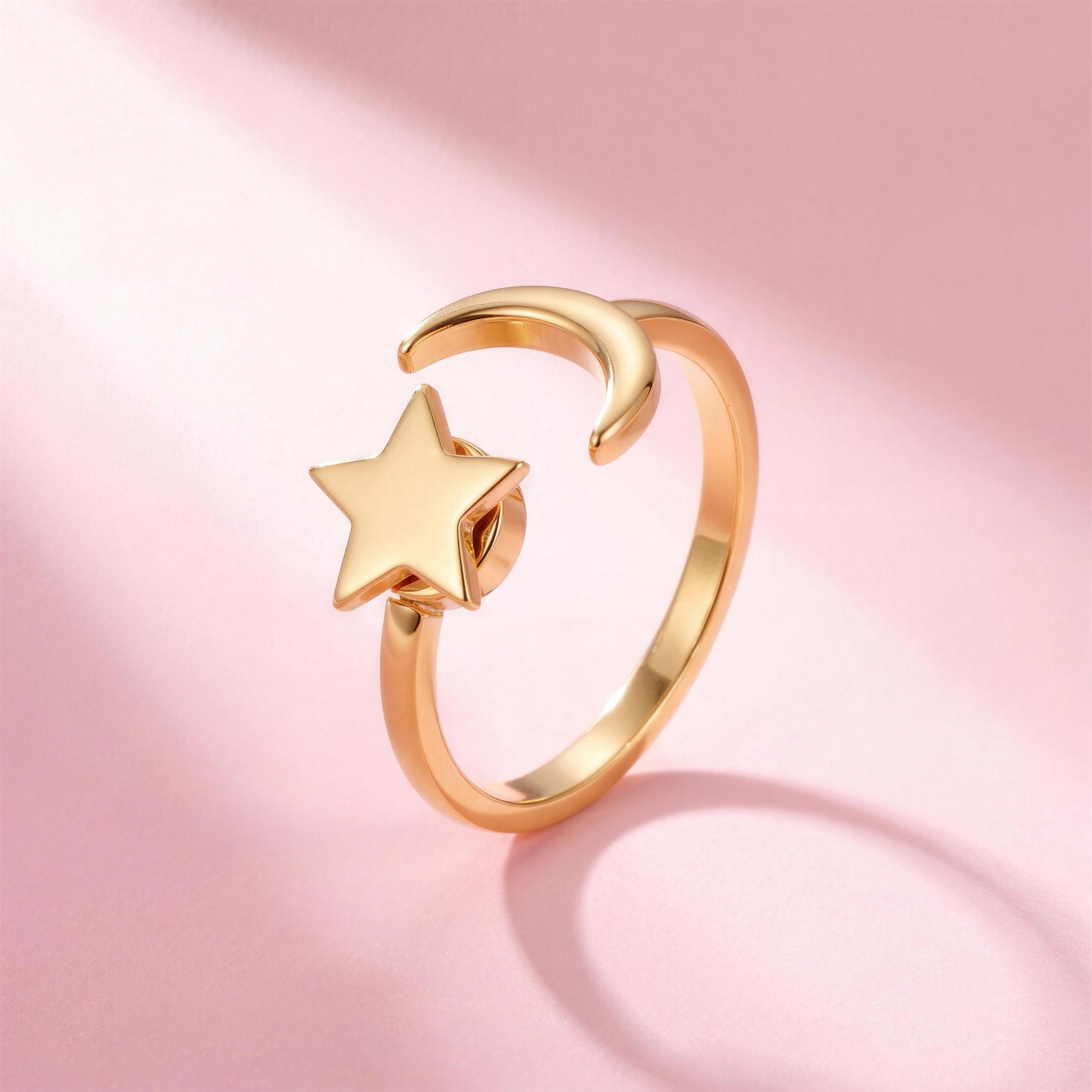 Fidget Moon Star Ring Gold – Anti-Stress Ring mit drehbarem Stern, Mond und Stern Design