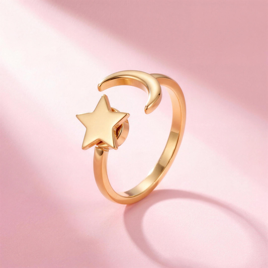 Fidget Moon Star Ring Gold – Anti-Stress Ring mit drehbarem Stern, Mond und Stern Design