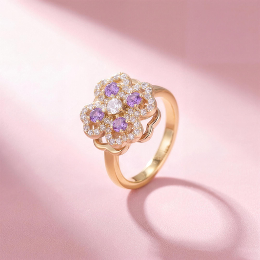 Fidget Amethyst Ring Gold – Anti-Stress Ring mit drehbarer lila Kristallblüte