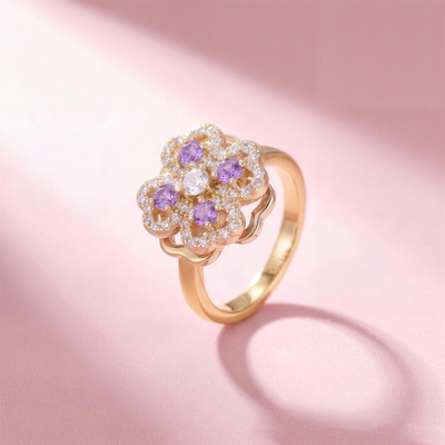 Fidget Amethyst Ring Gold – Anti-Stress Ring mit drehbarer lila Kristallblüte