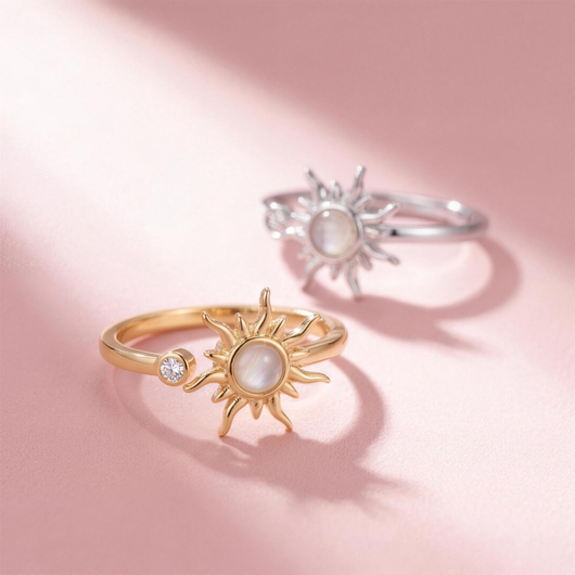 Fidget Sun Flower Ring Gold und Silber flach liegend mit Tiefenschärfe – Anti-Stress Ringe auf rosa Hintergrund