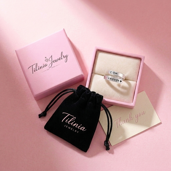I Am Enough Ring in Tilinia gift box with velvet pouch and thank-you card